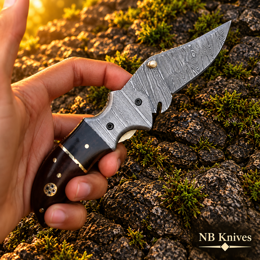 Damascus Folding Knife with Buffalo Horn & Dark Wood Handle
