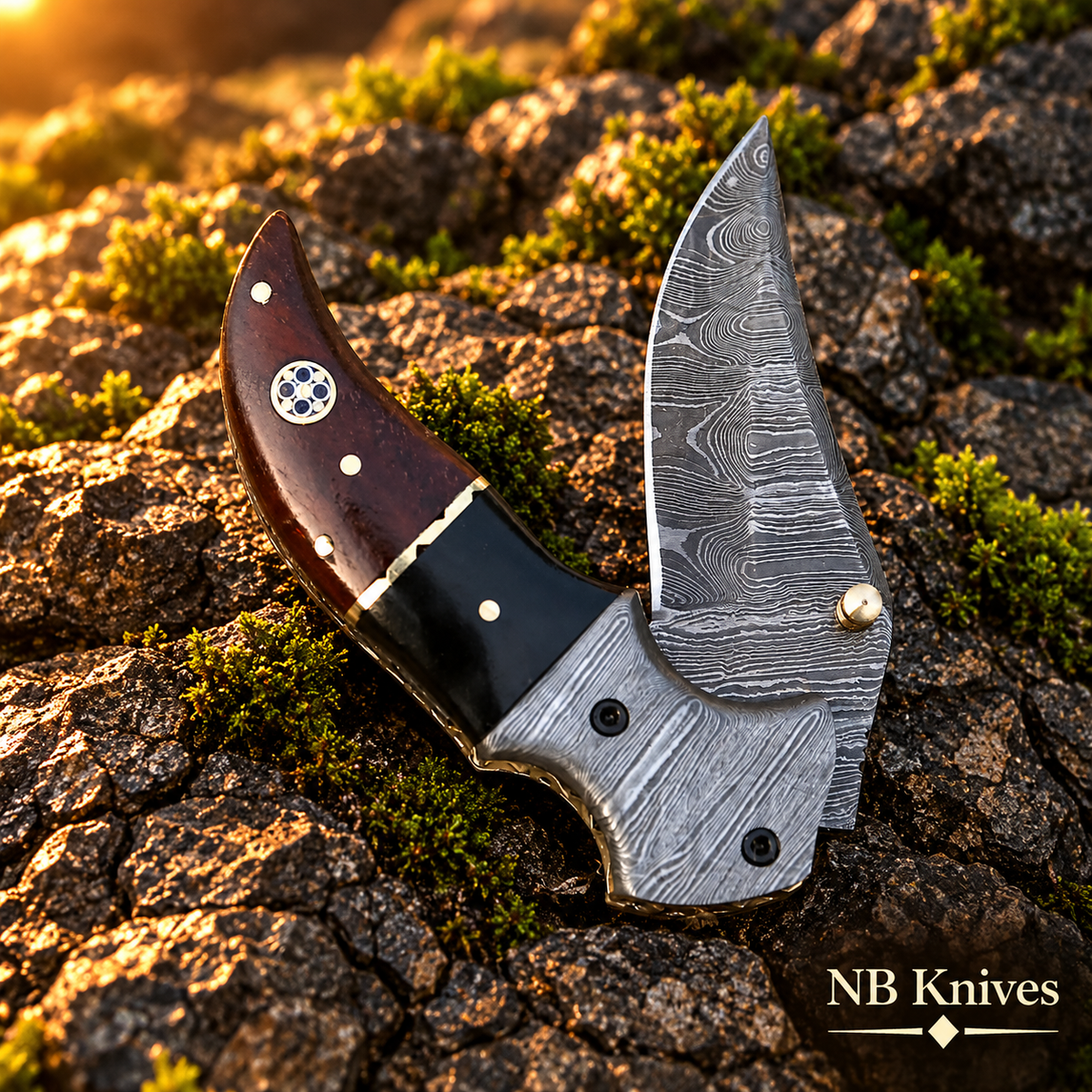 Damascus Folding Knife with Buffalo Horn & Dark Wood Handle