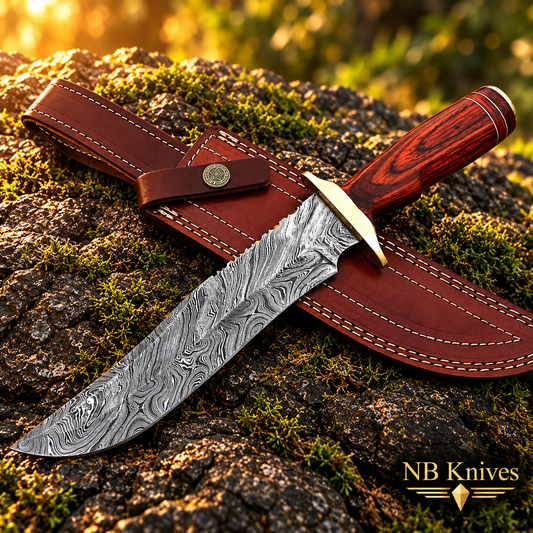 Damascus Hunting Bowie Knife with Pakka Wood Handle & Leather Sheath