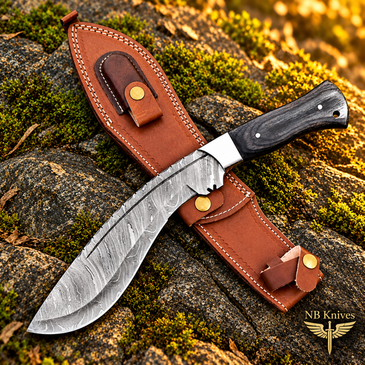 Handcrafted Damascus Kukri Knife with Pakka Wood Handle & Leather Sheath