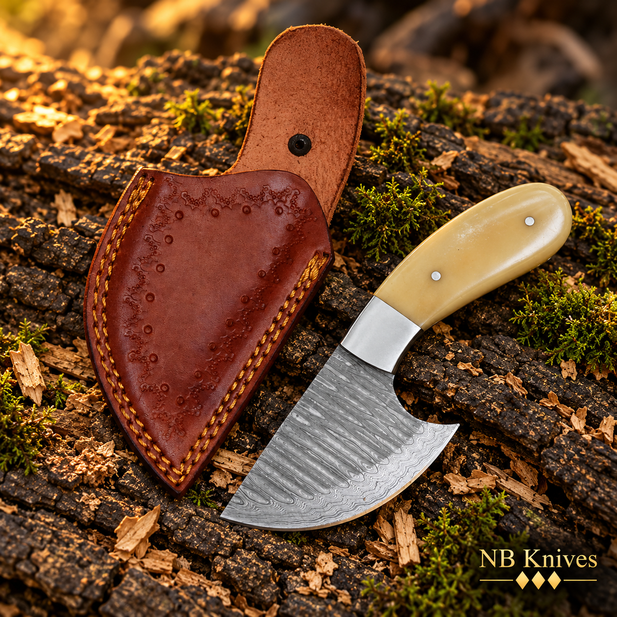 Handcrafted Damascus Skinner Knife with Camel Bone Handle & Leather Sheath