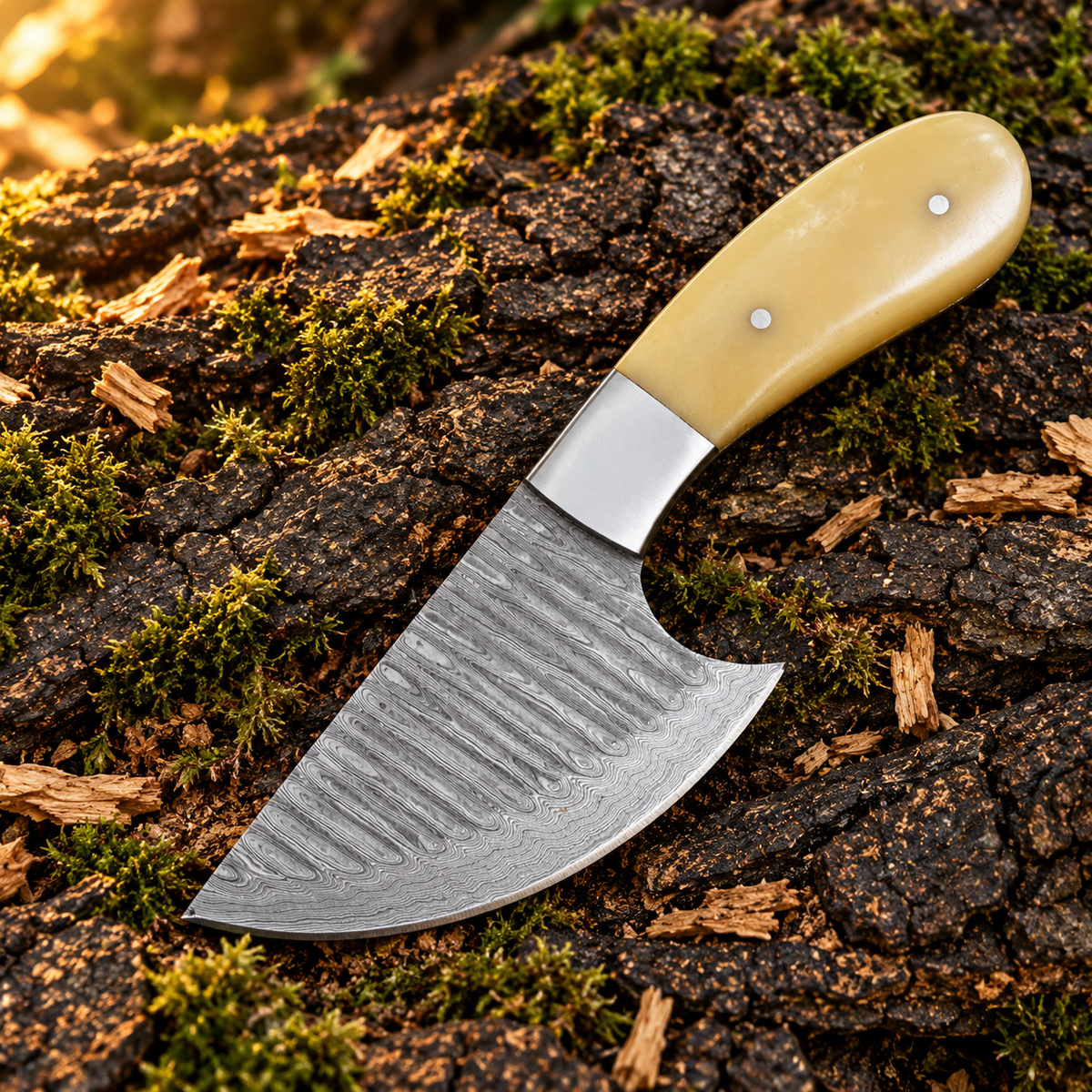 Handcrafted Damascus Skinner Knife with Camel Bone Handle & Leather Sheath