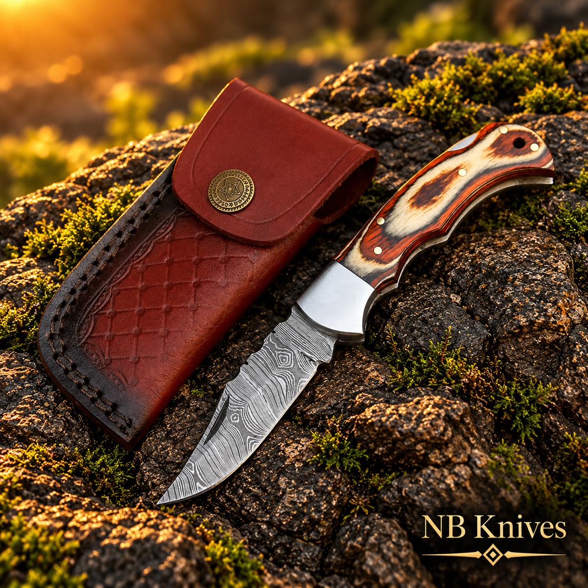 Damascus Folding Knife with Colored Wood Handle & Steel Bolster