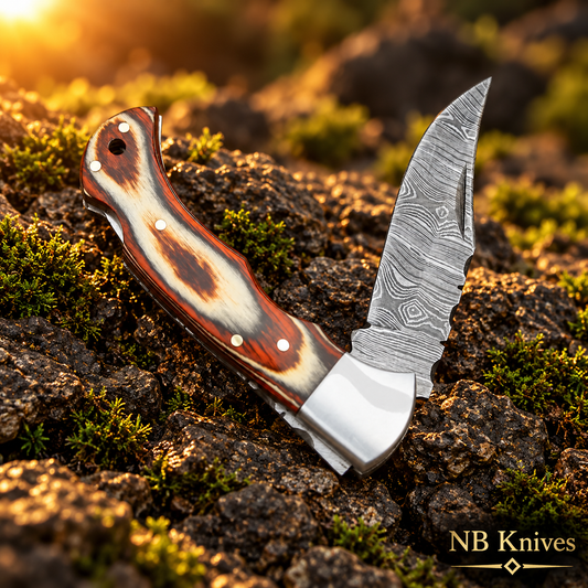 Damascus Folding Knife with Colored Wood Handle & Steel Bolster