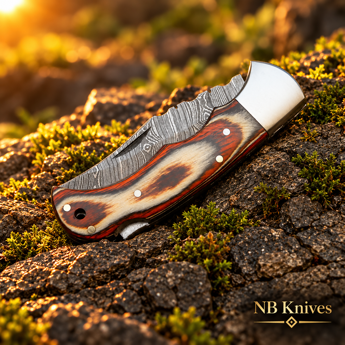 Damascus Folding Knife with Colored Wood Handle & Steel Bolster