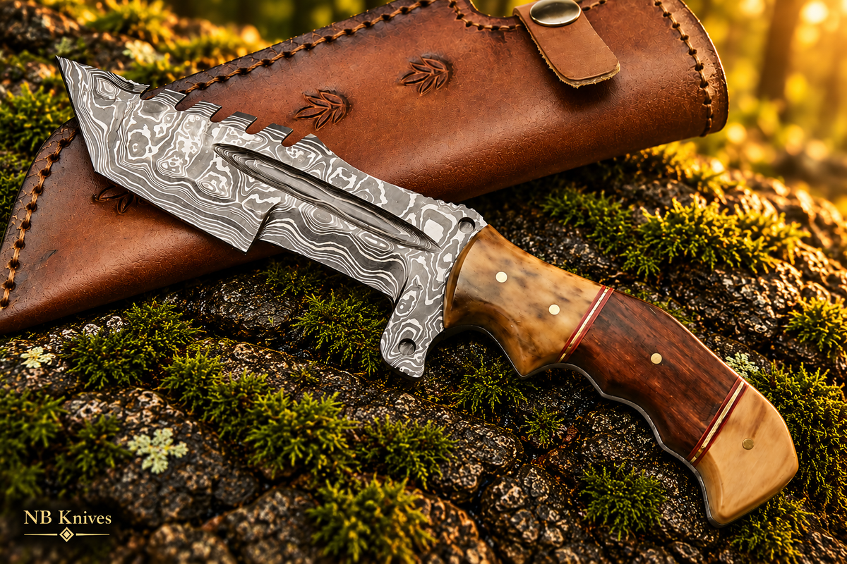 Damascus Steel Full Tang Knife with Olive Wood & Walnut Wood Handle & Leather Sheath
