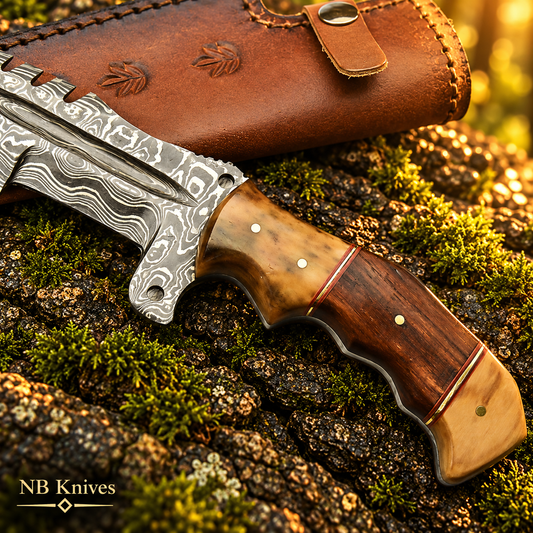 Damascus Steel Full Tang Knife with Olive Wood & Walnut Wood Handle & Leather Sheath
