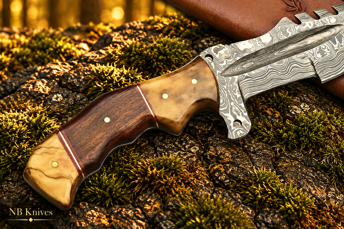 Damascus Steel Full Tang Knife with Olive Wood & Walnut Wood Handle & Leather Sheath