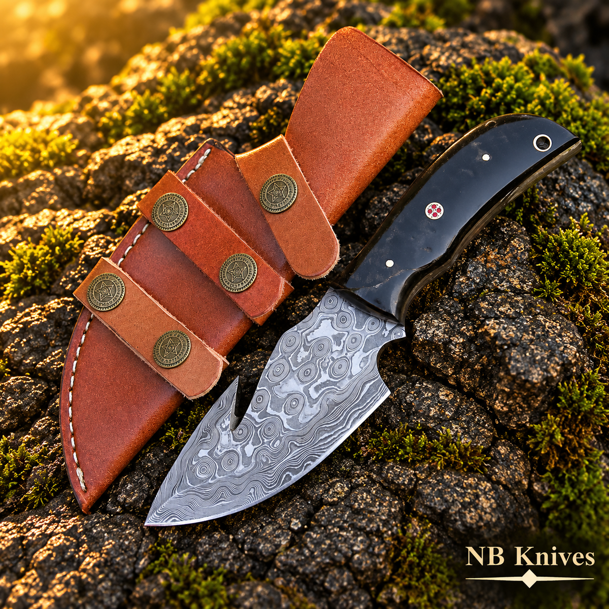 Custom Hand Forged Damascus Steel Gut Hook Knife with Ram Horn Handle