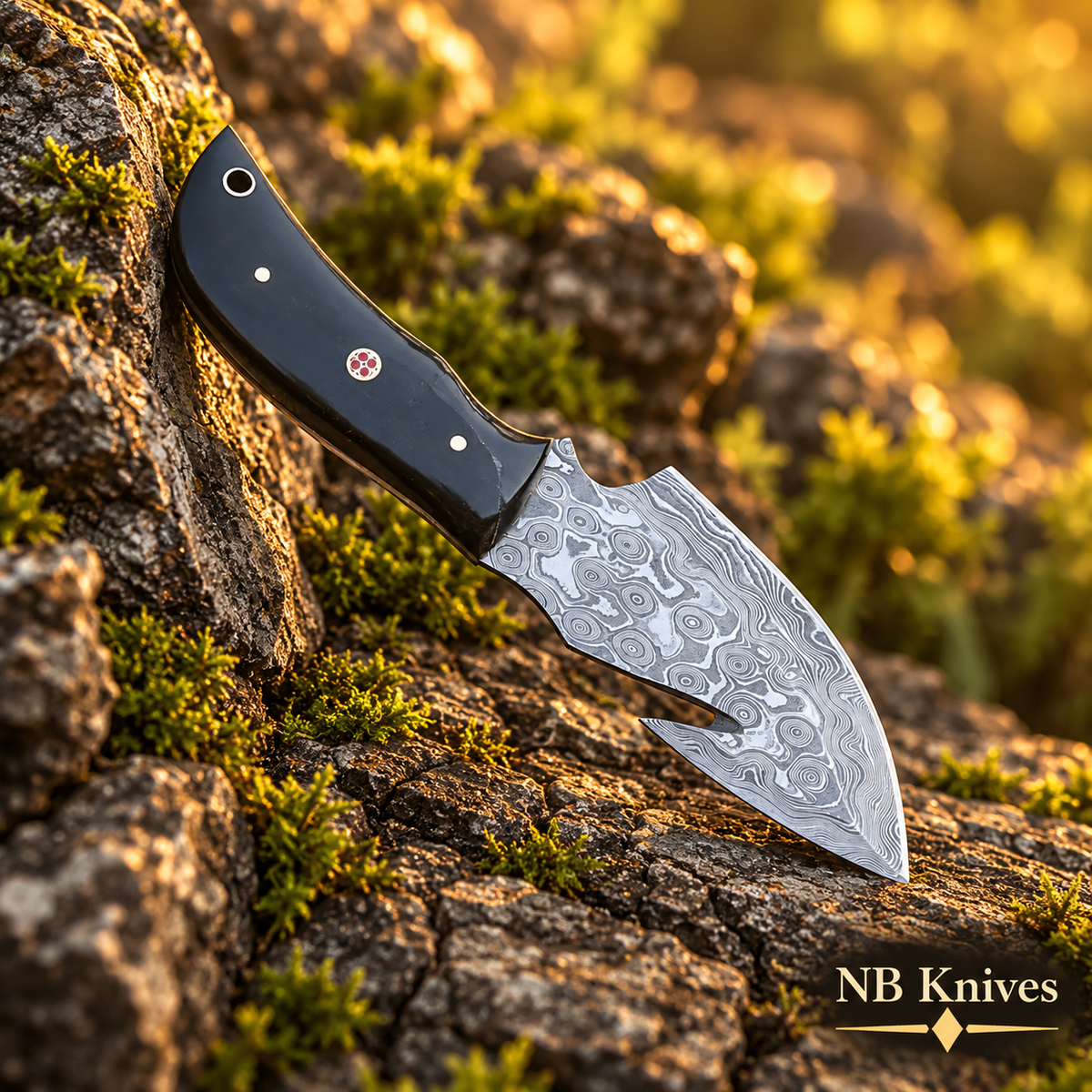 Custom Hand Forged Damascus Steel Gut Hook Knife with Ram Horn Handle
