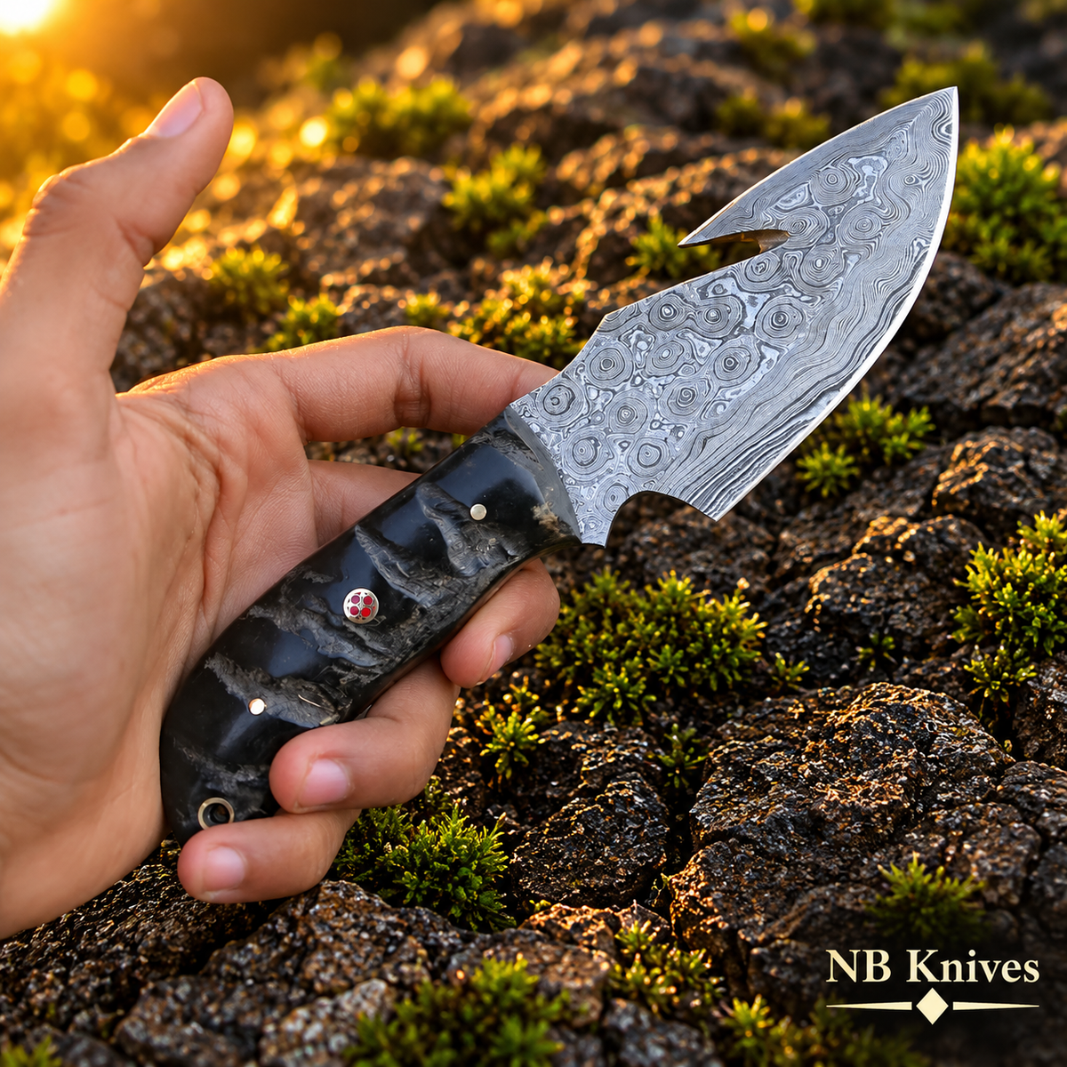 Custom Hand Forged Damascus Steel Gut Hook Knife with Ram Horn Handle