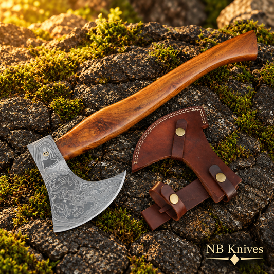 Handcrafted Damascus Steel Viking Axe with Rosewood Handle & Leather Sheath