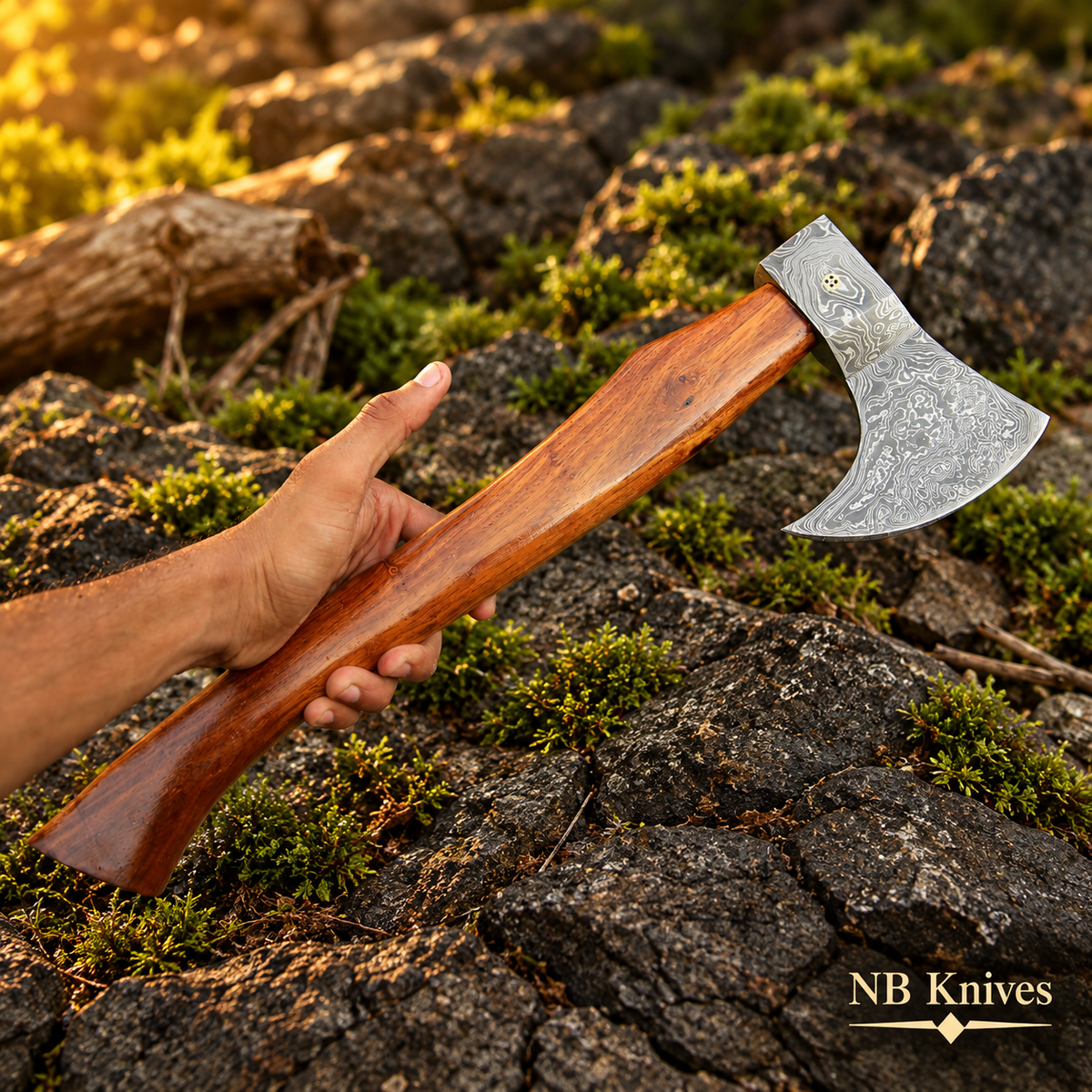 Handcrafted Damascus Steel Viking Axe with Rosewood Handle & Leather Sheath