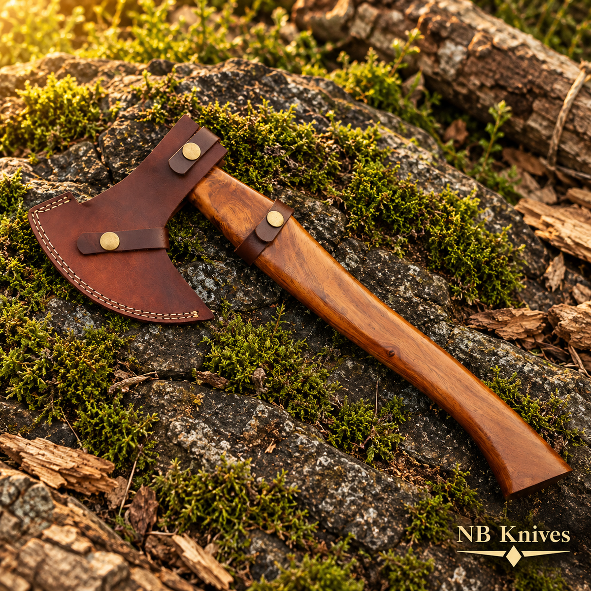 Handcrafted Damascus Steel Viking Axe with Rosewood Handle & Leather Sheath