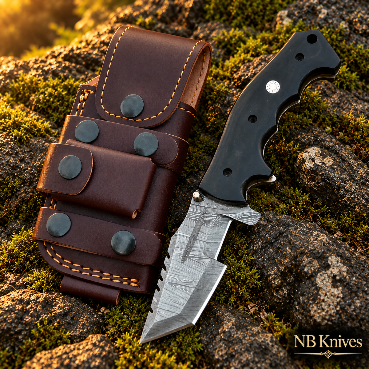 Black Micarta Damascus Tracker Folding Knife with Mosaic Pin & Leather Sheath