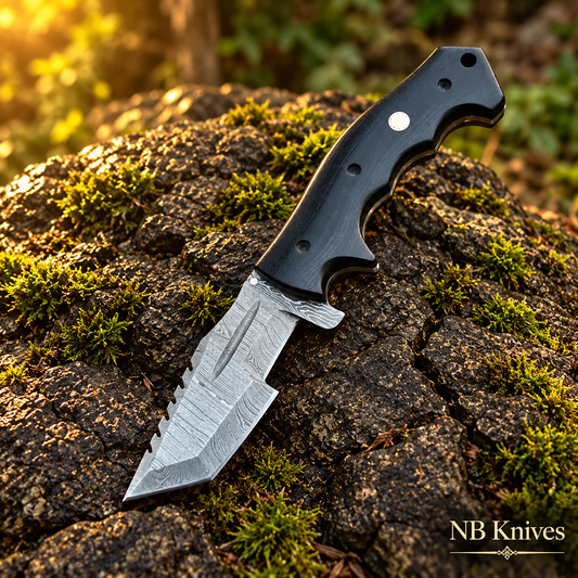 Black Micarta Damascus Tracker Folding Knife with Mosaic Pin & Leather Sheath
