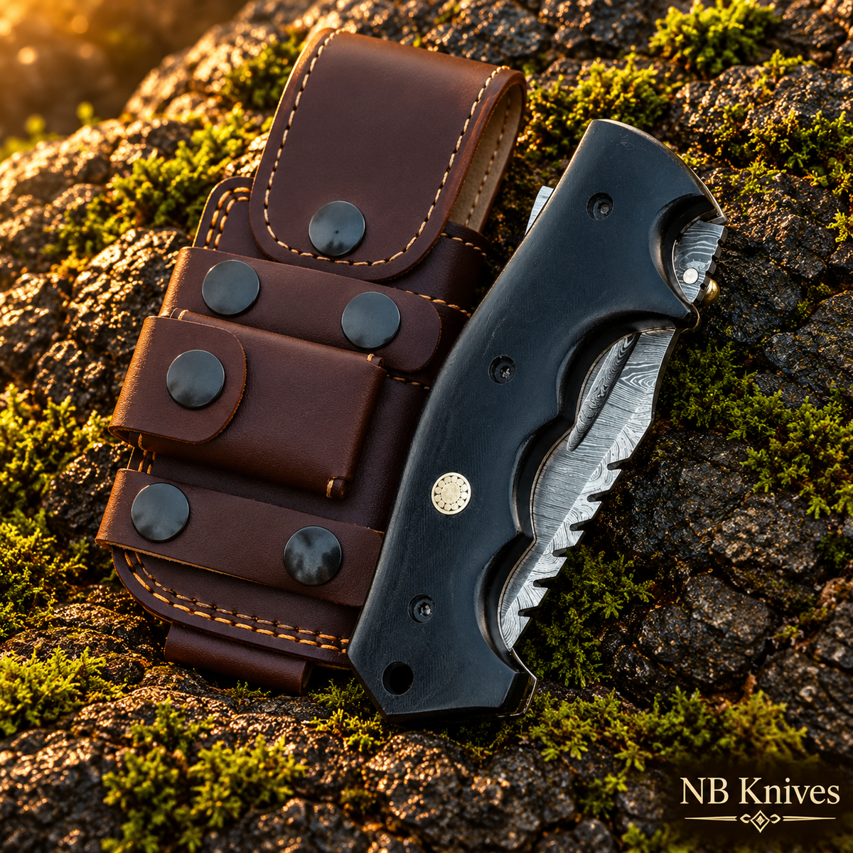 Black Micarta Damascus Tracker Folding Knife with Mosaic Pin & Leather Sheath