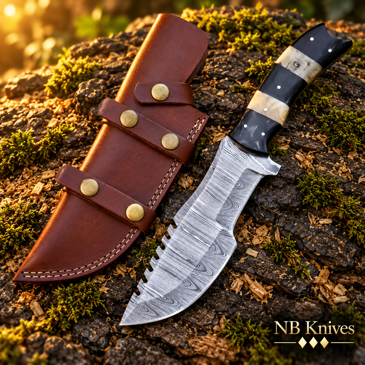 Hand-Forged Damascus Tracker Knife with Natural Horn Handle & Leather Sheath