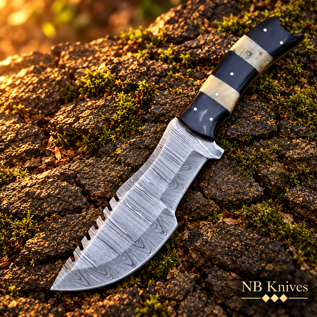 Hand-Forged Damascus Tracker Knife with Natural Horn Handle & Leather Sheath