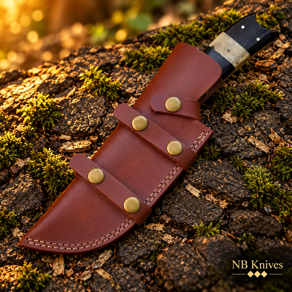 Hand-Forged Damascus Tracker Knife with Natural Horn Handle & Leather Sheath
