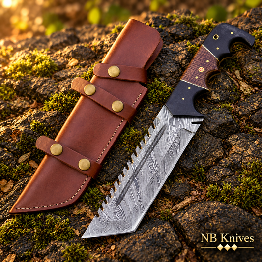 Handcrafted Damascus Tracker Knife with Bull Horn & Micarta Handle