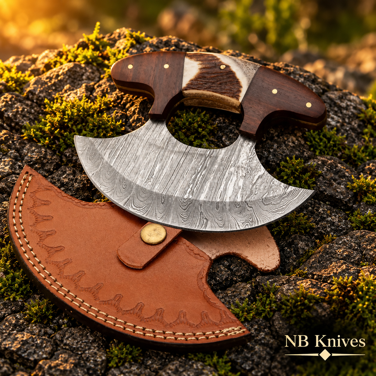 Handcrafted Damascus Ulu Rocker Chopper with Stag Antler & Rosewood Handle