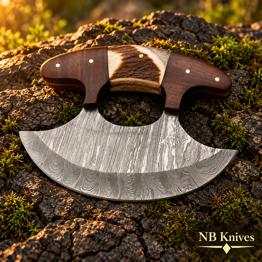 Handcrafted Damascus Ulu Rocker Chopper with Stag Antler & Rosewood Handle