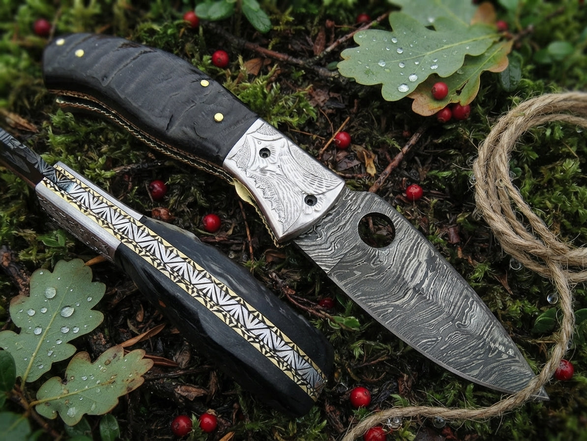 Damascus folding pocket knife featuring a natural ram horn handle