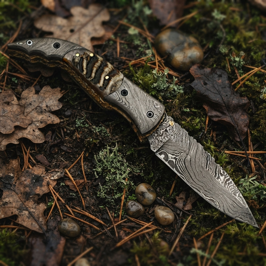 Damascus pocket knife featuring Ram Horn handle and Damascus bolster