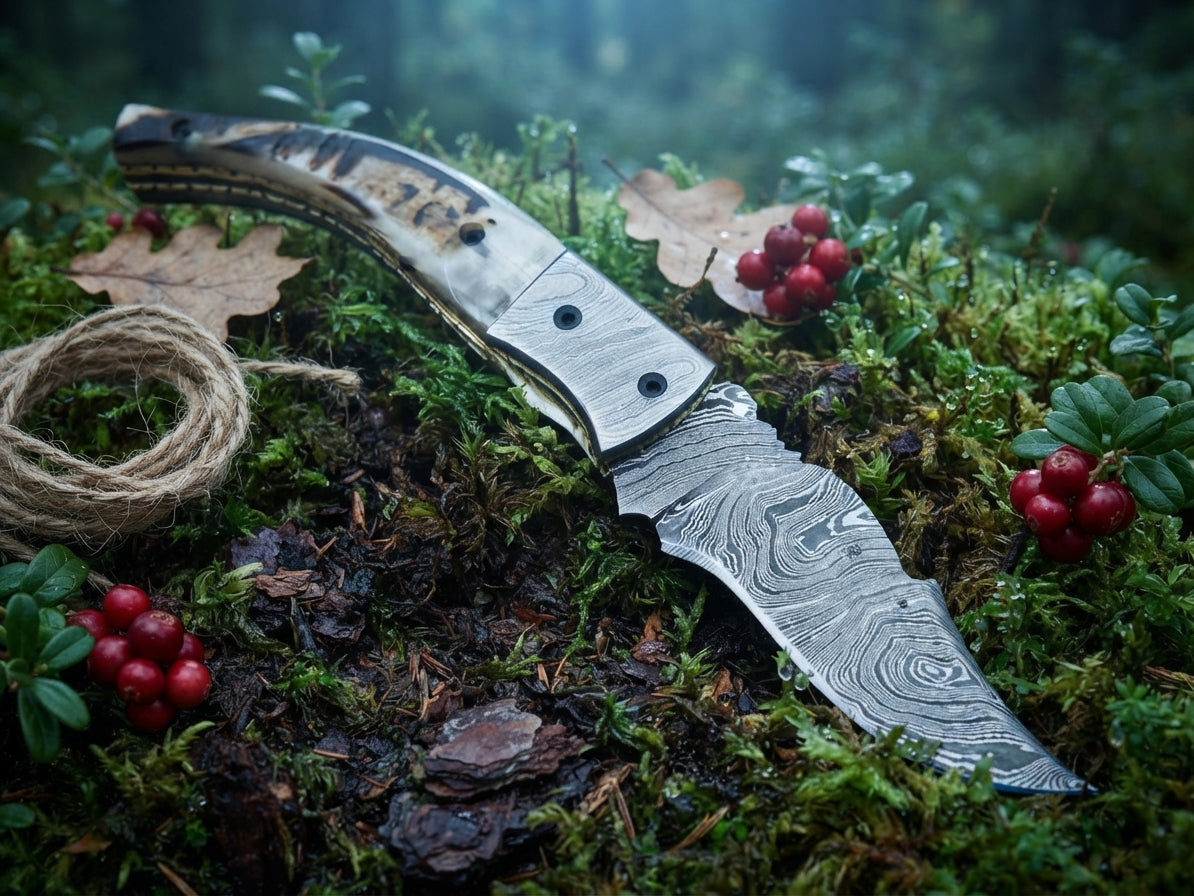 Damascus steel pocket knife with ram horn handle and leather sheath