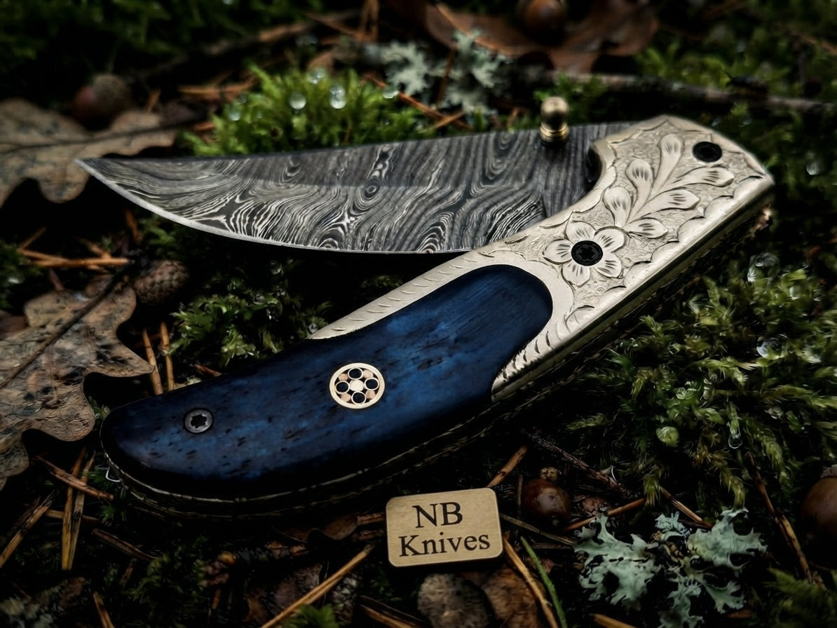 Handmade Damascus Steel Folding Pocket Knife – Blue Bone Handle