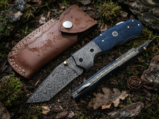 Blue Bone Handle Damascus Pocket Knife with Damascus Steel Bolster