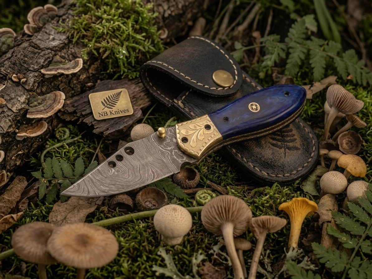 Blue Bone Handle Damascus Folding Knife with Engraved Brass Bolster & Leather Sheath