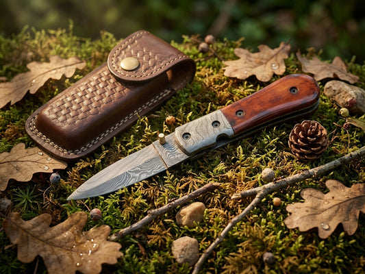Dyed Bone Handle Damascus Folding Knife with Leather Sheath