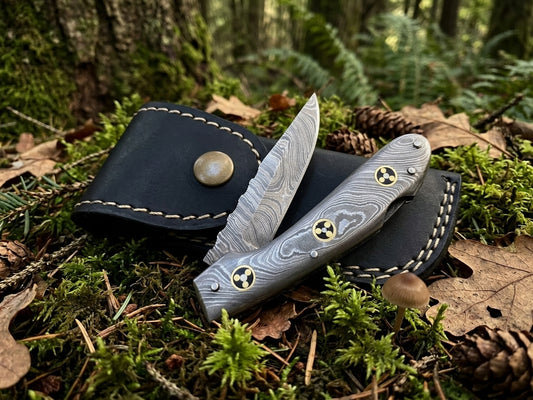 Full Damascus Steel Folding Pocket Knife with Genuine Cowhide Leather Sheath