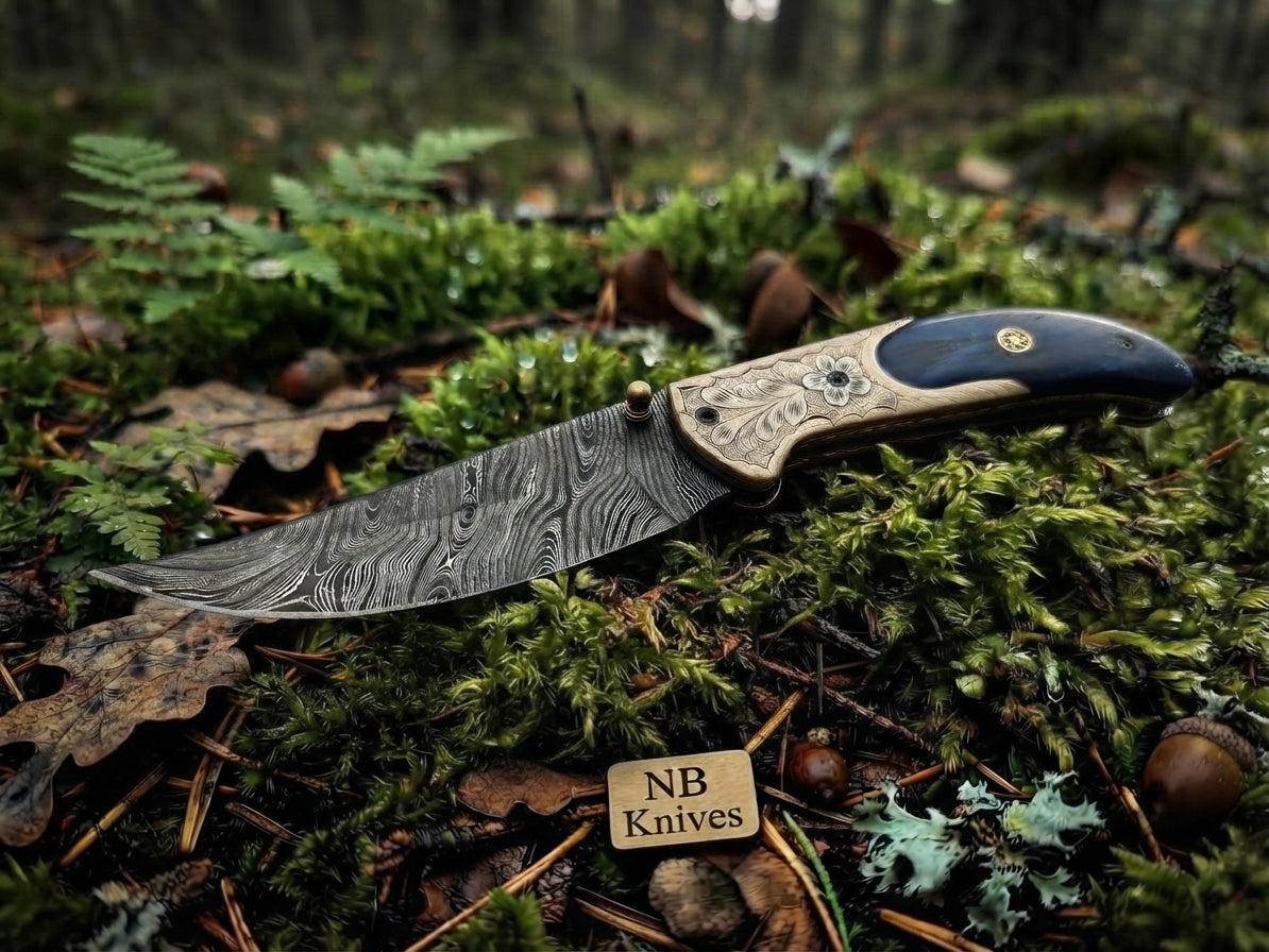 Handmade Damascus Steel Folding Pocket Knife – Blue Bone Handle