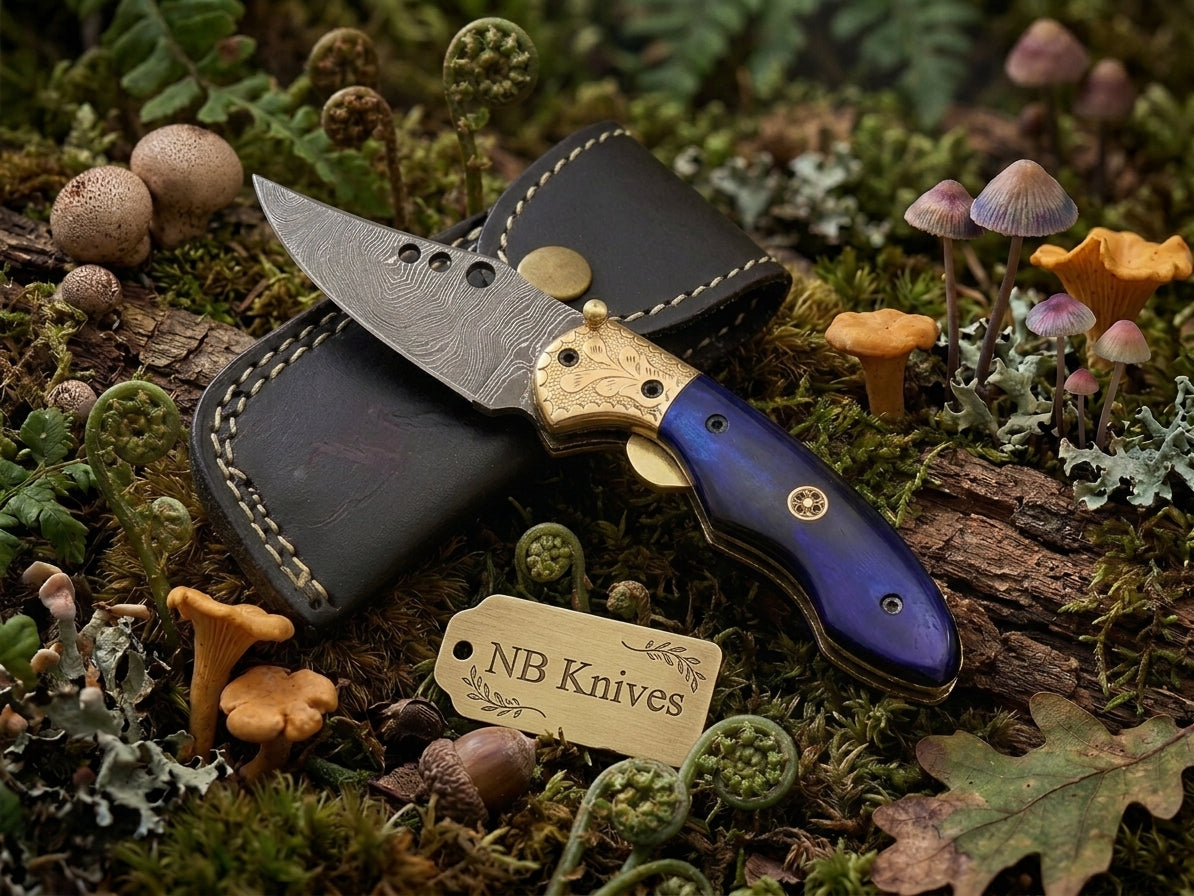 Blue Bone Handle Damascus Folding Knife with Engraved Brass Bolster & Leather Sheath