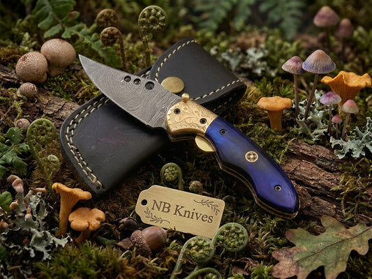 Blue Bone Handle Damascus Folding Knife with Engraved Brass Bolster & Leather Sheath