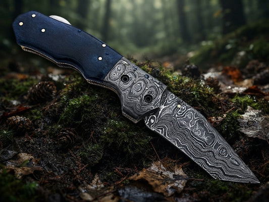 Blue Bone Handle Damascus Pocket Knife with Damascus Steel Bolster