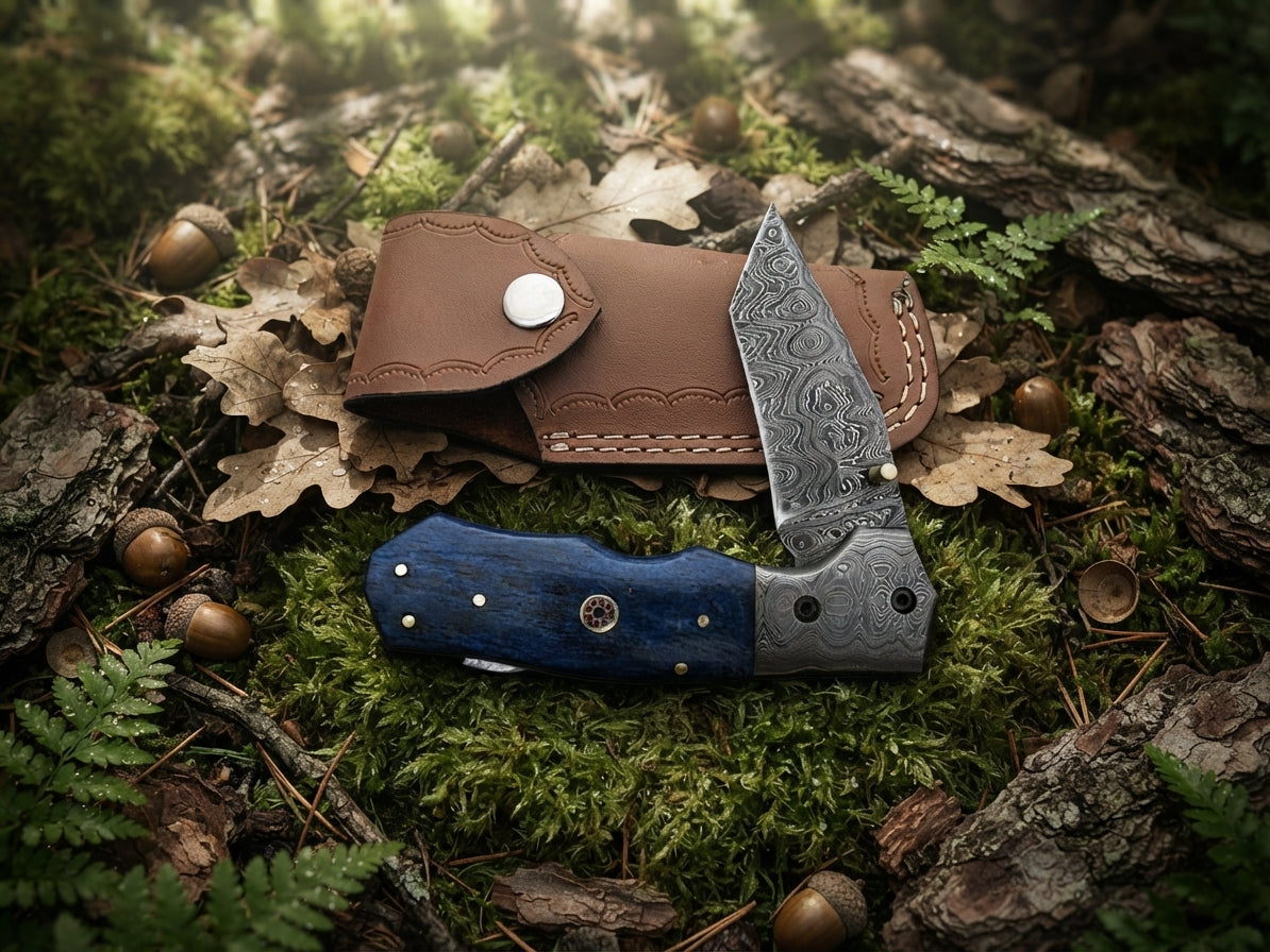 Blue Bone Handle Damascus Pocket Knife with Damascus Steel Bolster