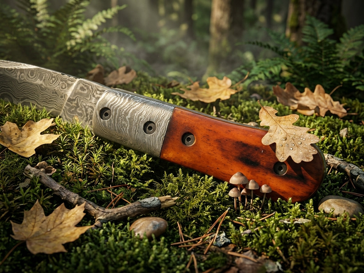 Dyed Bone Handle Damascus Folding Knife with Leather Sheath