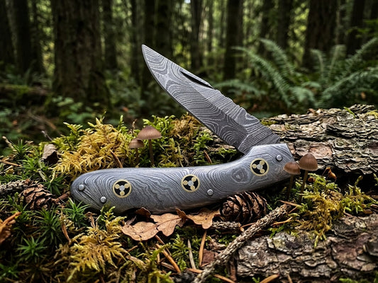 Full Damascus Steel Folding Pocket Knife with Genuine Cowhide Leather Sheath