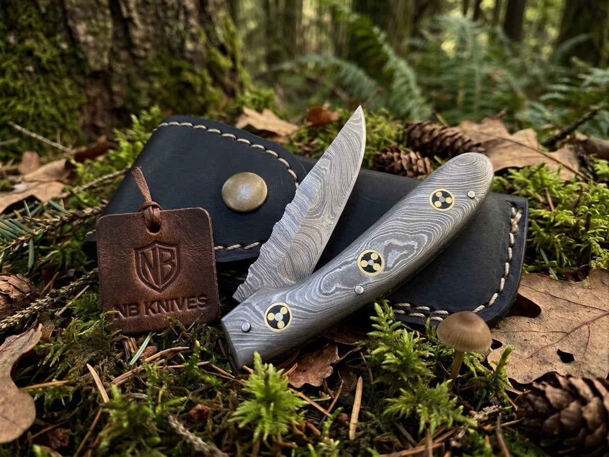 Full Damascus Steel Folding Pocket Knife with Genuine Cowhide Leather Sheath