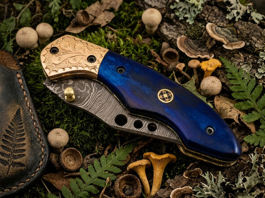 Blue Bone Handle Damascus Folding Knife with Engraved Brass Bolster & Leather Sheath