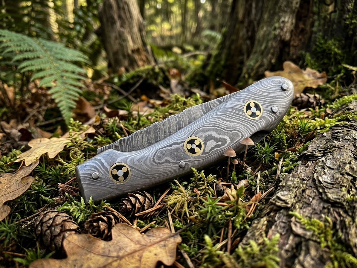 Full Damascus Steel Folding Pocket Knife with Genuine Cowhide Leather Sheath