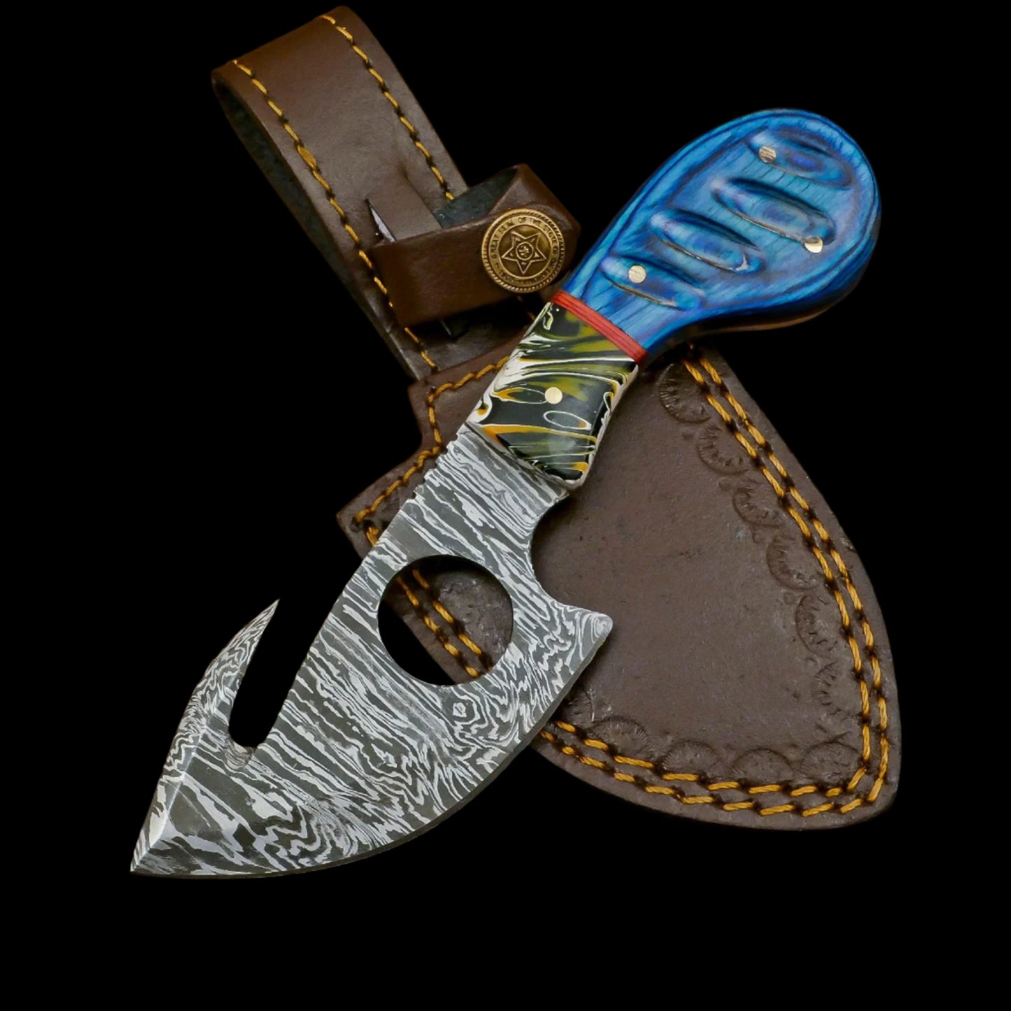 Custom Handmade Damascus Steel Gut Hook Skinner Knife with Hardwood Handle