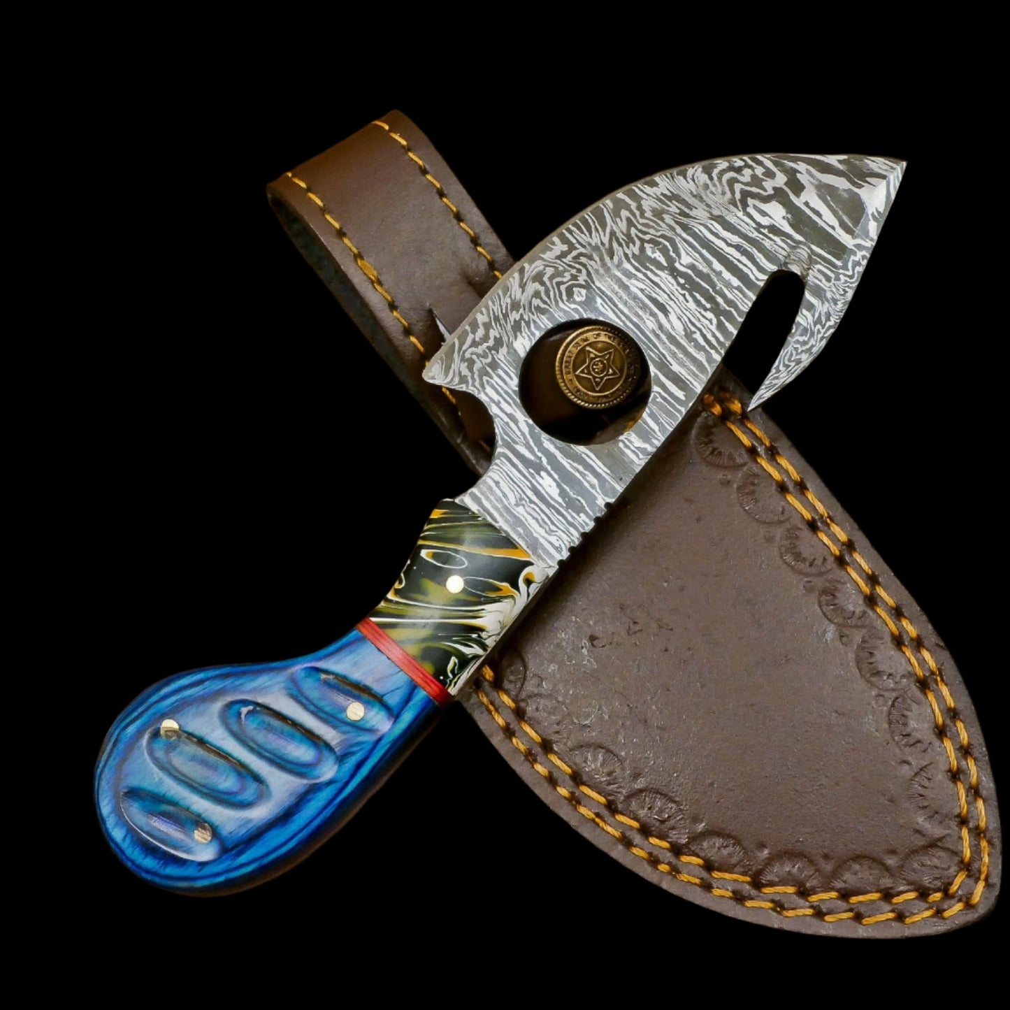 Custom Handmade Damascus Steel Gut Hook Skinner Knife with Hardwood Handle
