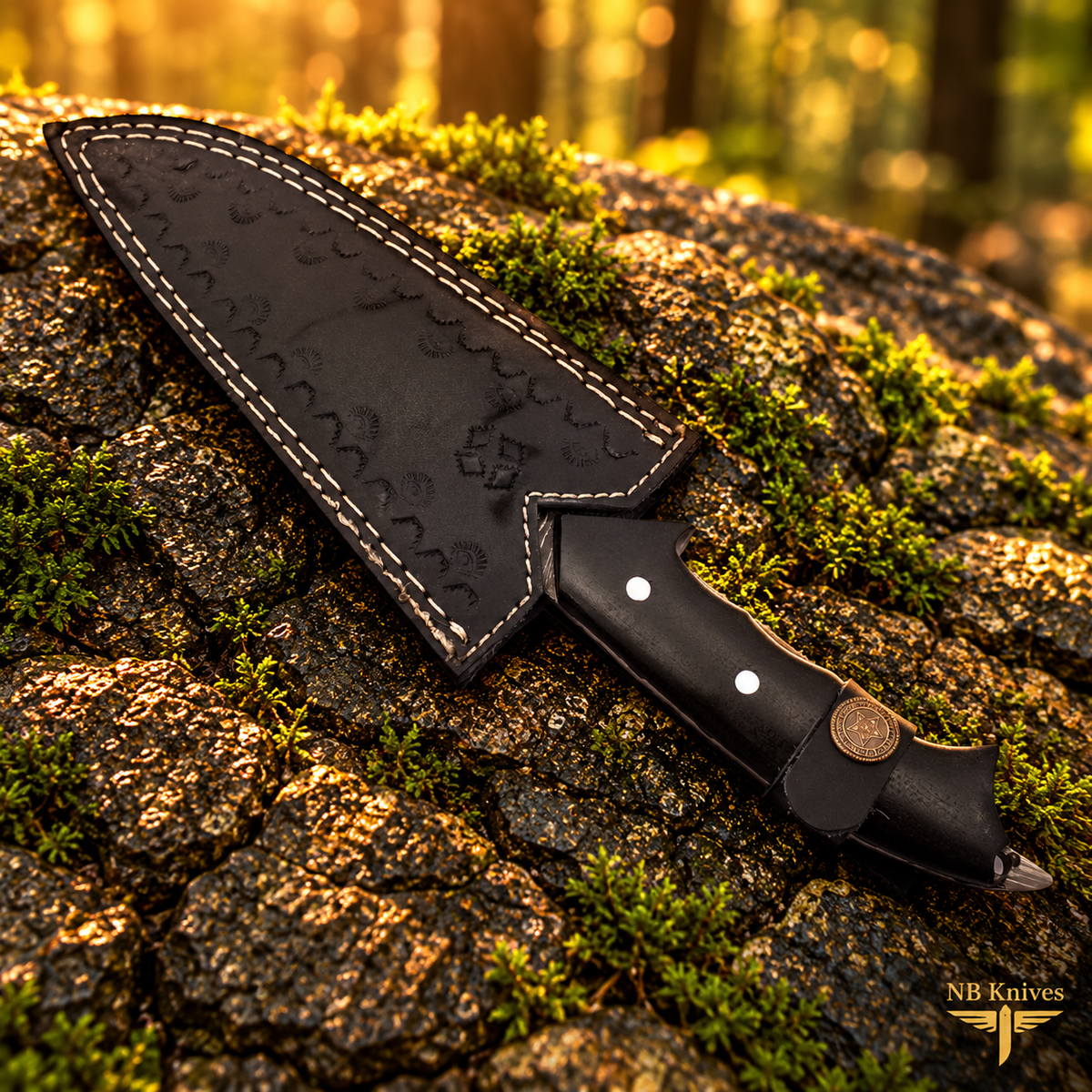 Hand-Forged Damascus Hunting Knife with Micarta Handle & Cowhide Leather Sheath
