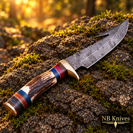 Hand Forged Twist Pattern Damascus Gut Hook Hunting Knife with Stag Horn Handle