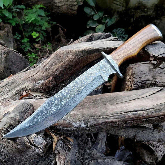 Decorative knife with a wooden handle on a natural background of rocks and foliage